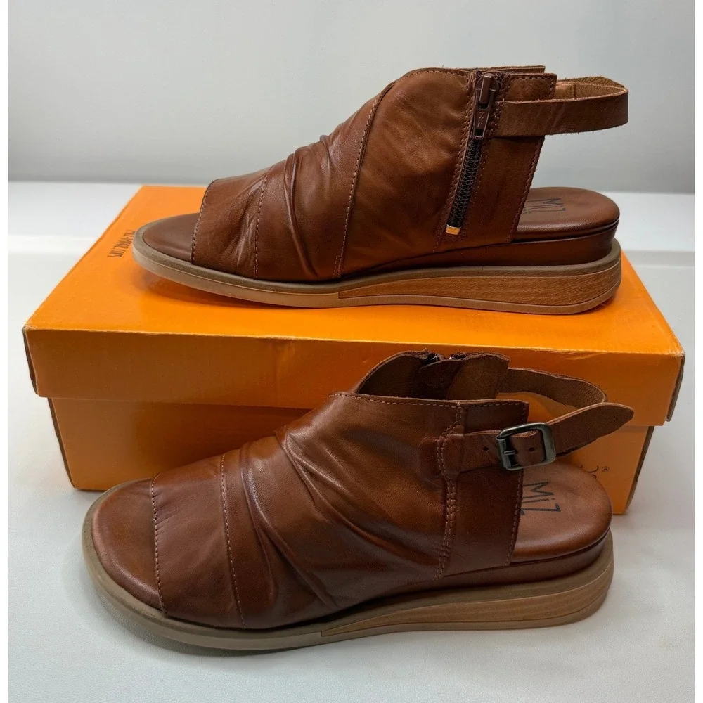 Miz Mooz Conor Brandy Leather Ruched Wedge Sandals Side Zip Euro 38 US 7.5 New